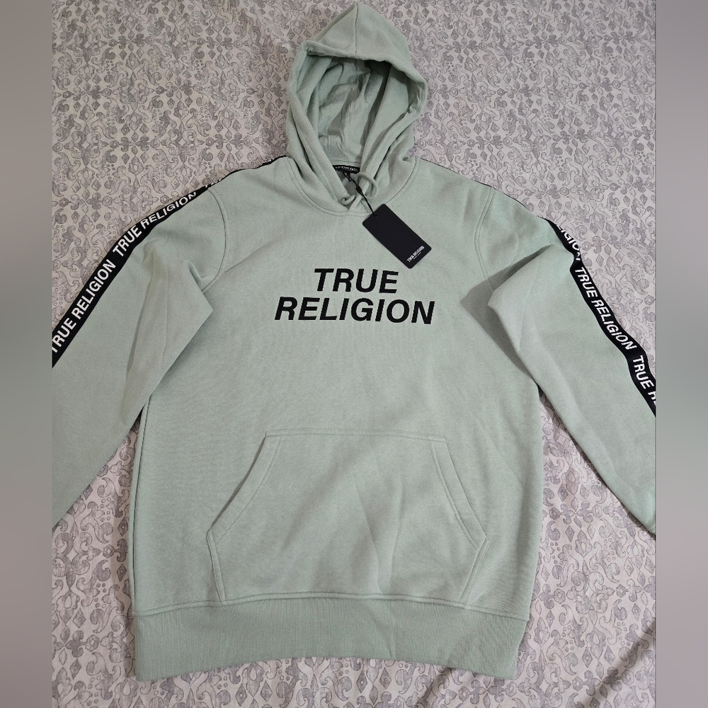 True Religion Mens Pullover Hoodie Size Large Frosty Green